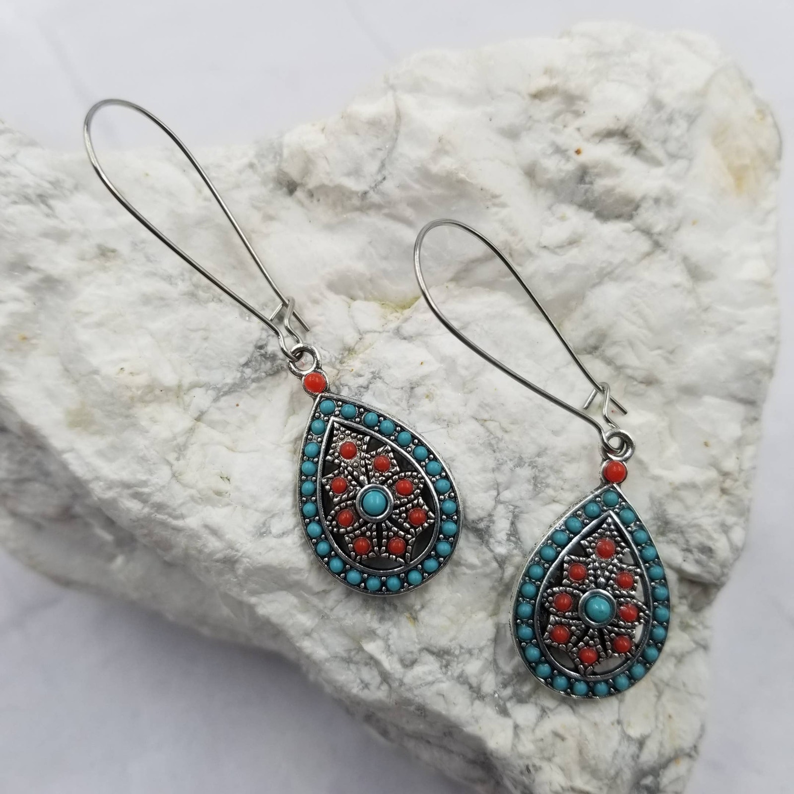 Boho Red Blue Turquoise Beaded Drop Dangle Earrings